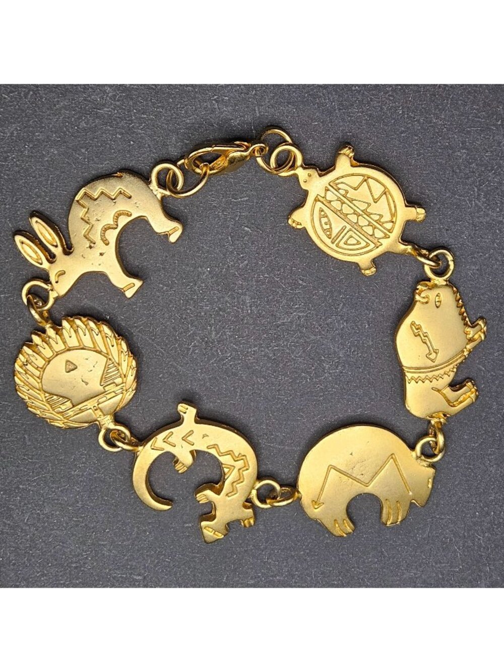 Southwest Style Bracelet Gold Tone Geometric Stamped Animals Turtle Rabbit Bear